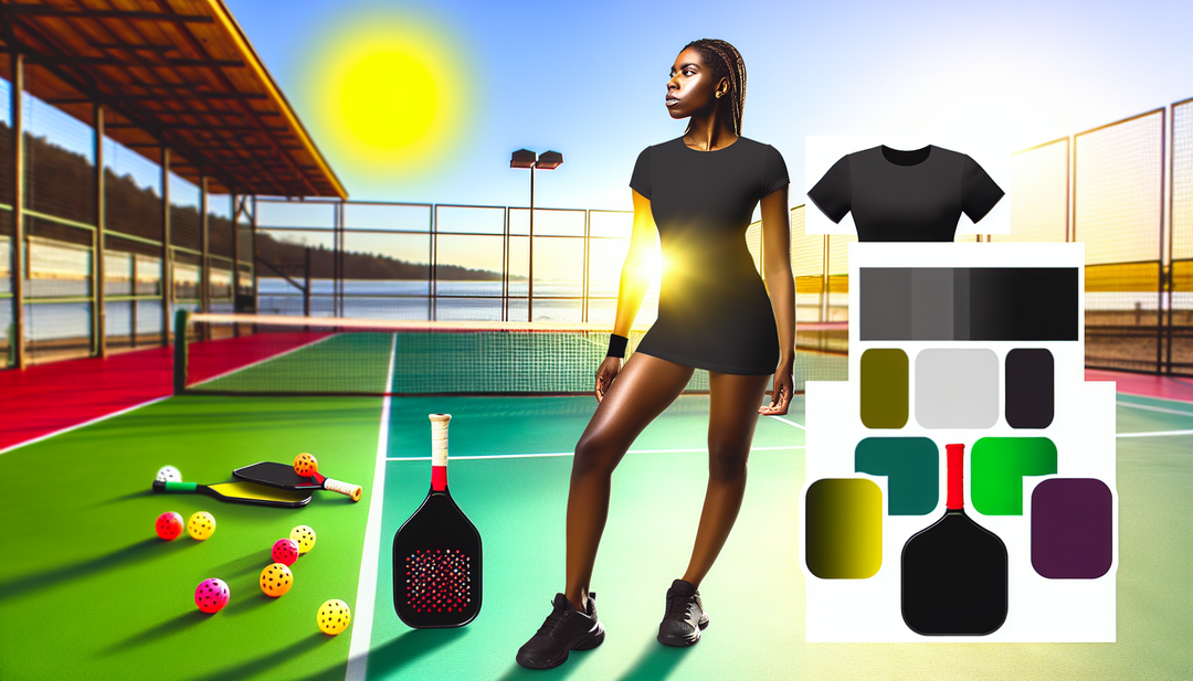 A confident pickleball player in a sleek black t-shirt holding a paddle on a sunny, vibrant court with various pickleball equipment around.