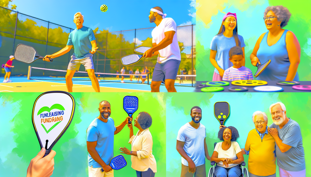 Diverse groups of people playing pickleball and enjoying a sunny outdoor fundraising event with vibrant colors and high-quality equipment.