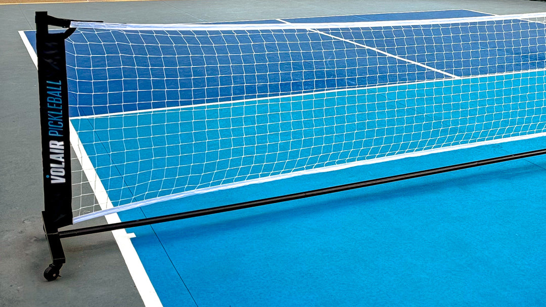 Vibrant pickleball court with modern paddles and joyful players in action.