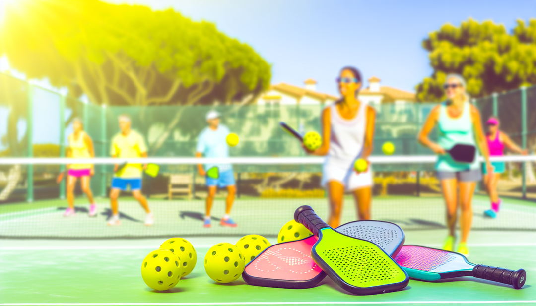 Vibrant scene of pickleball paddles and balls on a lively outdoor court with players in action.